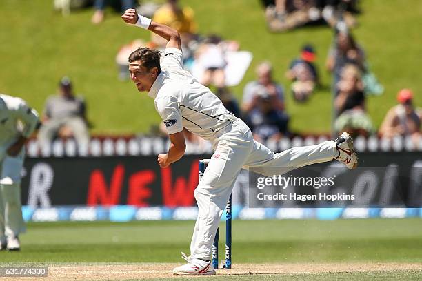 Trent Boult of New Zealand bowls during day five of the First Test match between New Zealand and Bangladesh at Basin Reserve on January 16, 2017 in...