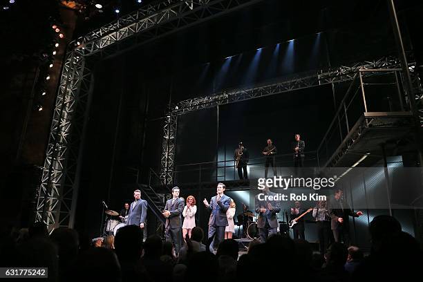 Jared Bradshaw, Mark Ballas, Tomasso Antico and Matt Bogart appear on stage at "Jersey Boys" On Broadway final performance curtain call at August...