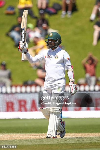 Sabbir Rahman of Bangladesh acknowledges his half century during day five of the First Test match between New Zealand and Bangladesh at Basin Reserve...