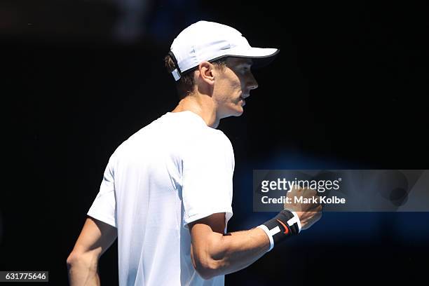 Andrey Kuznetsov of Russia reacts in his first round match against Kei Nishikori of Japan on day one of the 2017 Australian Open at Melbourne Park on...
