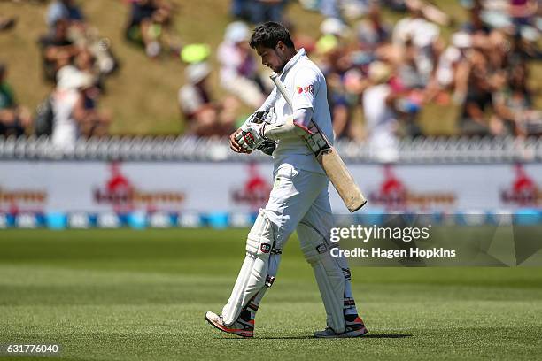 Sabbir Rahman of Bangladesh leaves the field after being dismissed during day five of the First Test match between New Zealand and Bangladesh at...