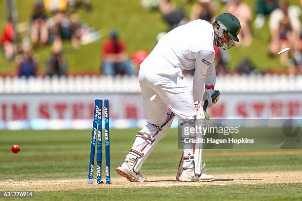 Subashis Roy of Bangladesh is bowled out by Trent Boult of New Zealand during day five of the First Test match between New Zealand and Bangladesh at...