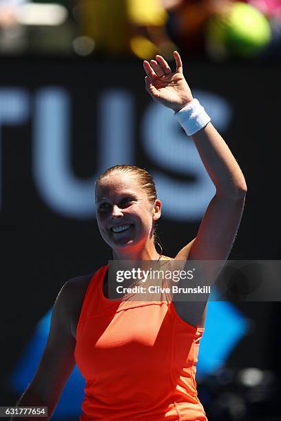 Shelby Rogers of the United States celebrates winning her first round match against Simona Halep of Romania on day one of the 2017 Australian Open at...