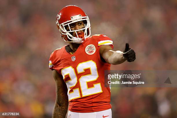 Cornerback Marcus Peters of the Kansas City Chiefs checks his aligment with an official prior turnover a play against the Pittsburgh Steelers during...