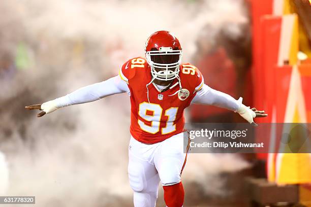 Outside linebacker Tamba Hali of the Kansas City Chiefs enters the field during pre game introductions before the game against the Pittsburgh...