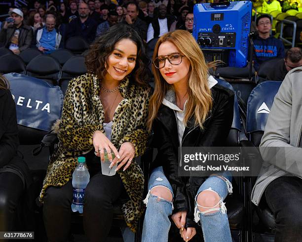 Vanessa Hudgens and Ashley Tisdale attend a basketball game between the Detroit Pistons and the Los Angeles Lakers at Staples Center on January 15,...