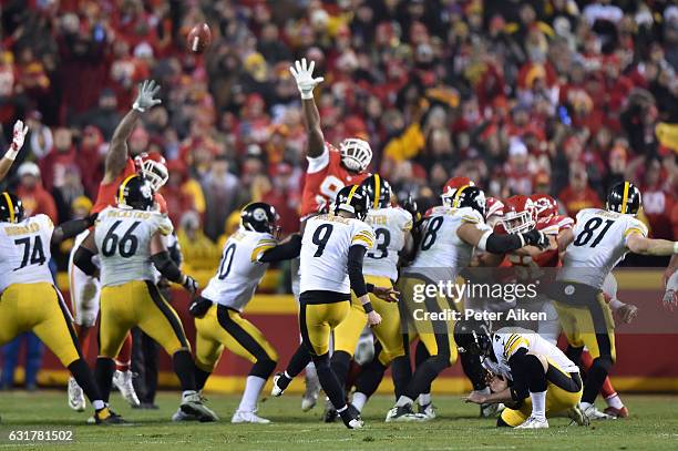 Kicker Chris Boswell of the Pittsburgh Steelers kicks a field goal during the first half beyond the outstretched arms of the Kansas City Chiefs in...