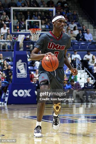 UMass Minutemen guard Dejon Jarreau fast breaks during the first half of an NCAA basketball game between UMass Minutemen and Rhode Island Rams on...