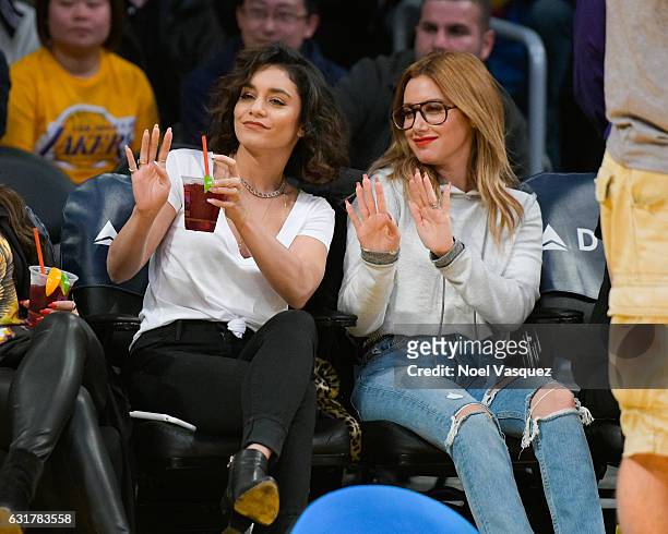 Vanessa Hudgens and Ashley Tisdale attend a basketball game between the Detroit Pistons and the Los Angeles Lakers at Staples Center on January 15,...