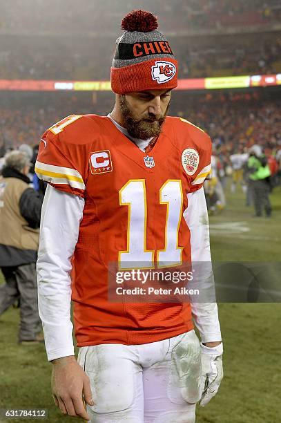 Quarterback Alex Smith of the Kansas City Chiefs walks off of the field in a losing effort against the Pittsburgh Steelers in the AFC Divisional...