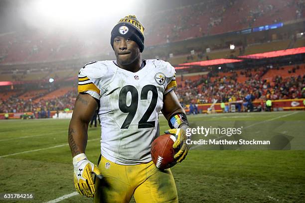 Outside linebacker James Harrison of the Pittsburgh Steelers walks off of the field with a Sunday Night Football game ball following the Steelers...
