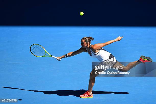 Roberta Vinci of Italy plays a forehand in her first round match against Coco Vandeweghe of the United States on day one of the 2017 Australian Open...