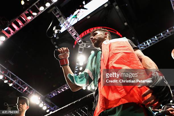 Yair Rodriguez celebrates his victory over BJ Penn during the UFC Fight Night event at the at Talking Stick Resort Arena on January 15, 2017 in...