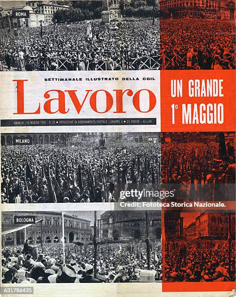 Great May day. Title on the cover of the weekly "Lavoro": in the photos the crowded squares of Rome, Milan, Bologna. Dichromatic illustration, the...