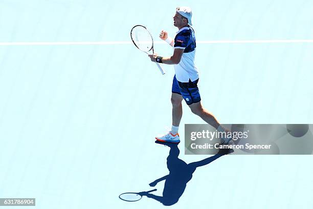 Illya Marchenko of the Ukraine celebrates a point in his first round match against Andy Murray of Great Britain on day one of the 2017 Australian...