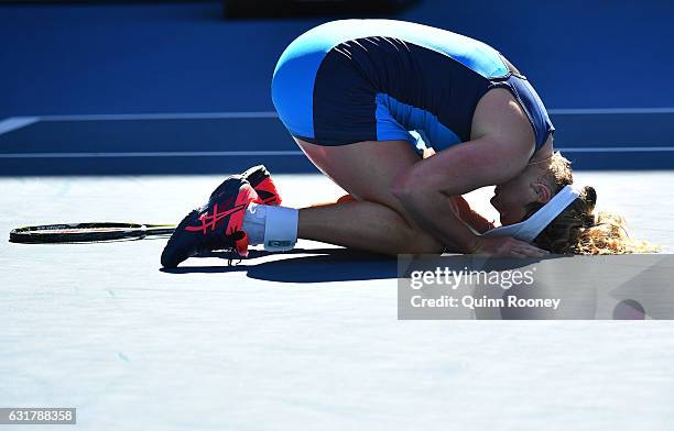 Coco Vandeweghe of the United States celebrates winning her first round match against Roberta Vinci of Italy on day one of the 2017 Australian Open...