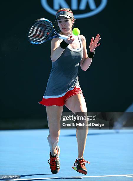 Galina Voskoboeva of Kazikstan plays a forehand during her first round match against Elina Svitolina of the Ukraine on day one of the 2017 Australian...