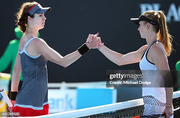Galina Voskoboeva of Kazikstan acknowledges Elina Svitolina of the Ukraine after her first round match on day one of the 2017 Australian Open at...