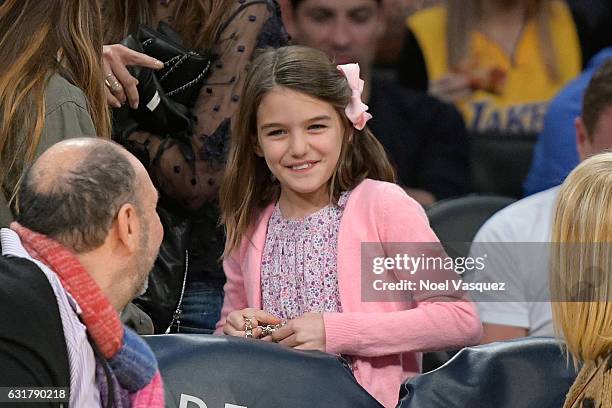 Suri Cruise attend a basketball game between the Detroit Pistons and the Los Angeles Lakers at Staples Center on January 15, 2017 in Los Angeles,...