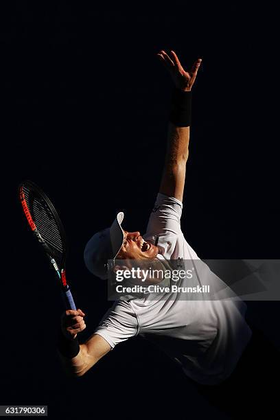 Andy Murray of Great Britain serves in his first round match against Illya Marchenko of the Ukraine on day one of the 2017 Australian Open at...