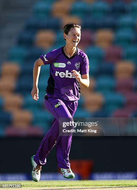 Julie Hunter of the Hurricanes celebrates taking the wicket of Stafanie Taylor of the Thunder during the Women's Big Bash League match between the...