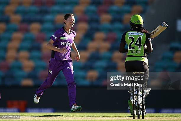 Julie Hunter of the Hurricanes celebrates taking the wicket of Stafanie Taylor of the Thunder during the Women's Big Bash League match between the...