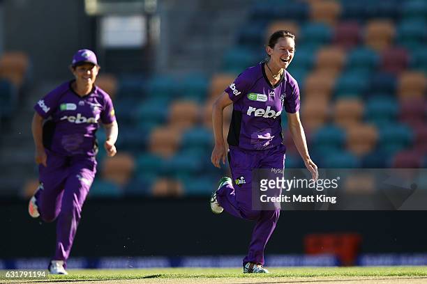 Julie Hunter of the Hurricanes celebrates taking the wicket of Stafanie Taylor of the Thunder during the Women's Big Bash League match between the...