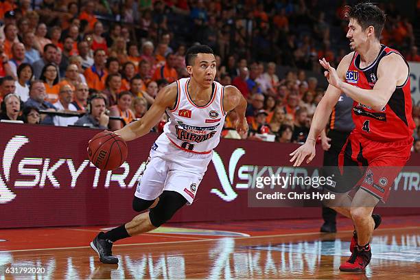 Travis Trice of the Taipans drives the ball to the basket during the round 15 NBL match between the Cairns Taipans and the Perth Wildcats at Cairns...