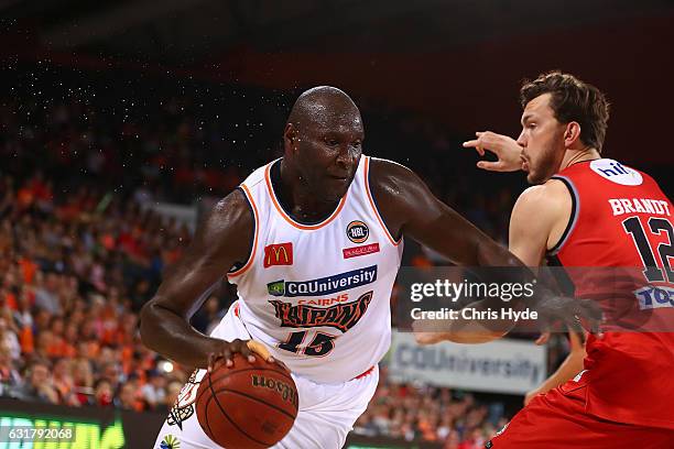 Nate Jawai of the Taipans drives the ball to the basket during the round 15 NBL match between the Cairns Taipans and the Perth Wildcats at Cairns...