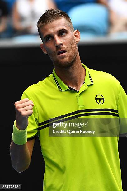 Martin Klizan of Slovakia reacts in his first round match against Stan Wawrinka of Switzerland on day one of the 2017 Australian Open at Melbourne...