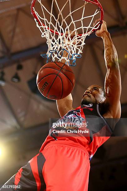 Bryce Cotton of the Wildcats dunks during the round 15 NBL match between the Cairns Taipans and the Perth Wildcats at Cairns Convention Centre on...