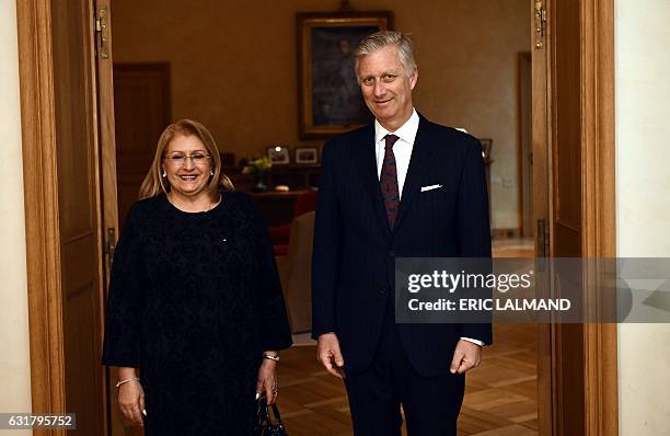 Malta's President Marie-Louise Coleiro Preca and Belgium's King Philippe - Filip of Belgium pose during an audience at the Royal Palace in Brussels...