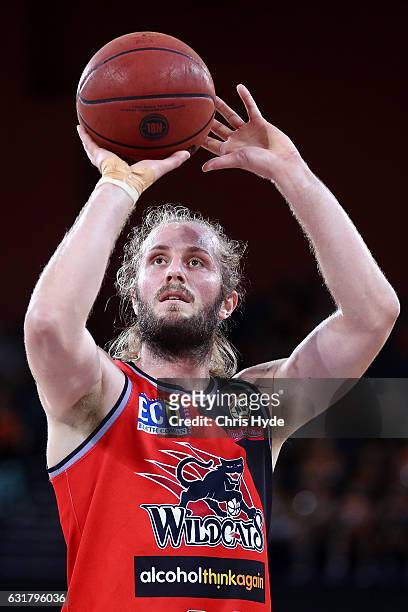 Jesse Wagstaff of the Wildcats shoots during the round 15 NBL match between the Cairns Taipans and the Perth Wildcats at Cairns Convention Centre on...