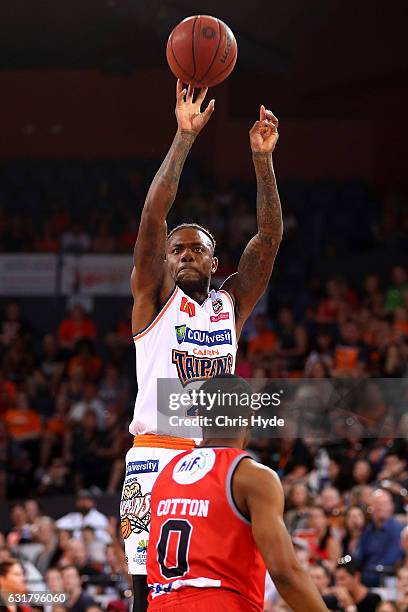 Fuquan Edwin of the Taipans shoots during the round 15 NBL match between the Cairns Taipans and the Perth Wildcats at Cairns Convention Centre on...