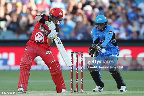 Marcus Harris of Melbourne plays a shot during the Big Bash League match between the Adelaide Strikers and the Melbourne Renegades at Adelaide Oval...