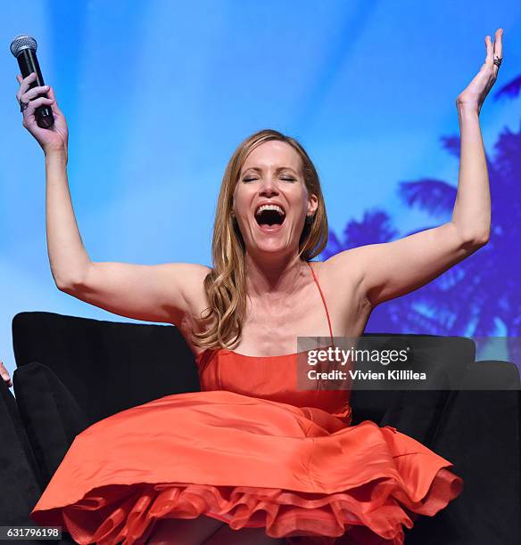 Actress Leslie Mann speaks at the Closing Night Screening of "The Comedian" at the 28th Annual Palm Springs International Film Festival on January...