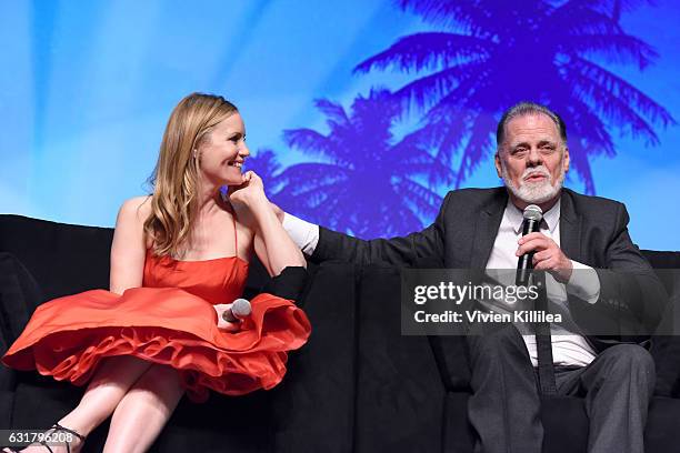 Actress Leslie Mann and director Taylor Hackford speak at the Closing Night Screening of "The Comedian" at the 28th Annual Palm Springs International...