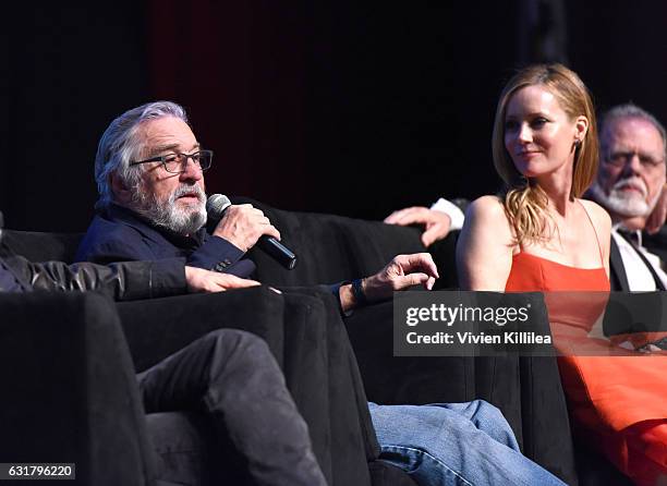 Actor Robert De Niro and actress Leslie Mann speak at the Closing Night Screening of "The Comedian" at the 28th Annual Palm Springs International...