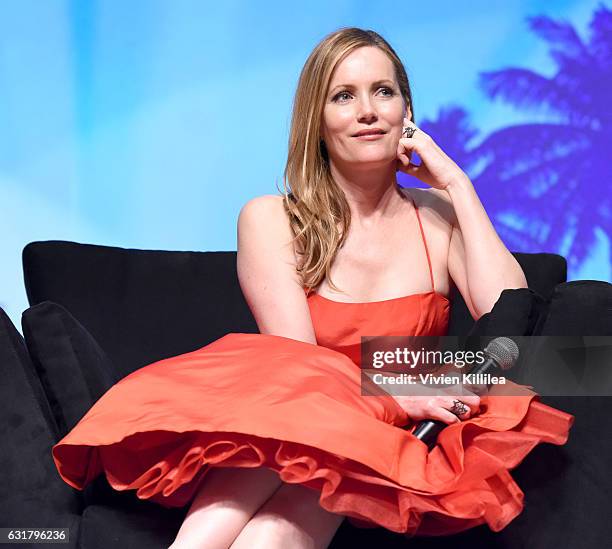 Actress Leslie Mann speaks at the Closing Night Screening of "The Comedian" at the 28th Annual Palm Springs International Film Festival on January...