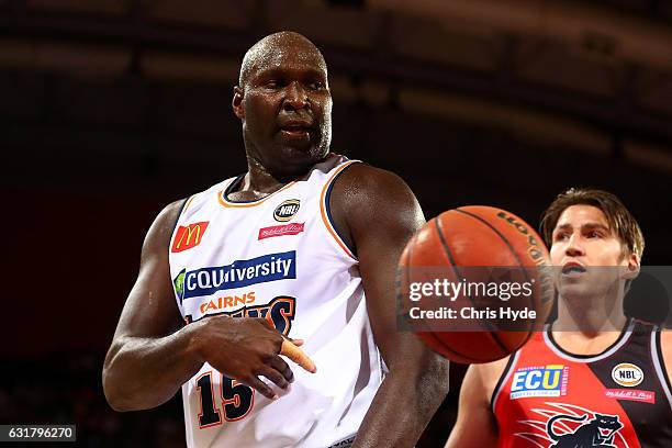 Nate Jawai of the Taipans passes during the round 15 NBL match between the Cairns Taipans and the Perth Wildcats at Cairns Convention Centre on...