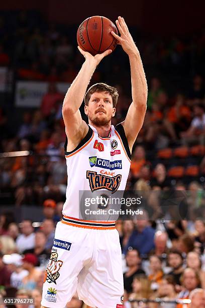 Cameron Gliddon of the Taipans shoots during the round 15 NBL match between the Cairns Taipans and the Perth Wildcats at Cairns Convention Centre on...