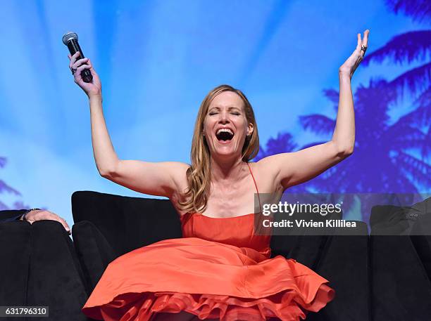 Actress Leslie Mann speaks at the Closing Night Screening of "The Comedian" at the 28th Annual Palm Springs International Film Festival on January...