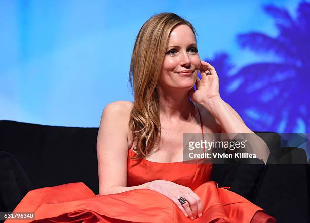 Actress Leslie Mann speaks at the Closing Night Screening of "The Comedian" at the 28th Annual Palm Springs International Film Festival on January...
