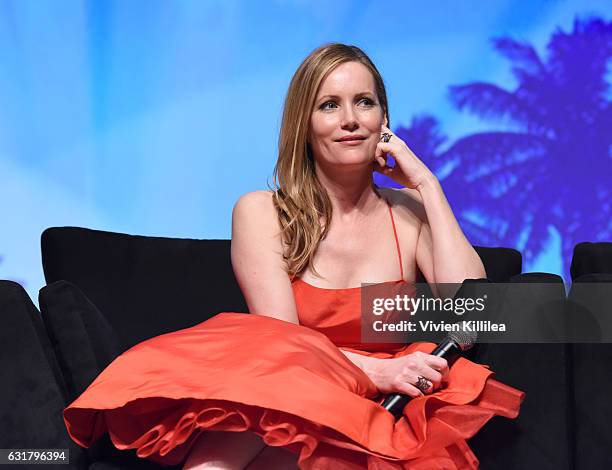 Actress Leslie Mann speaks at the Closing Night Screening of "The Comedian" at the 28th Annual Palm Springs International Film Festival on January...