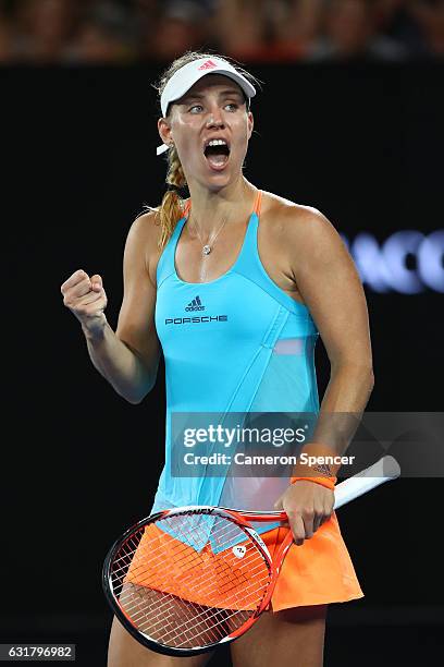 Angelique Kerber of Germany celebrates winning her first round match against Lesia Tsurenko of the Ukraine on day one of the 2017 Australian Open at...