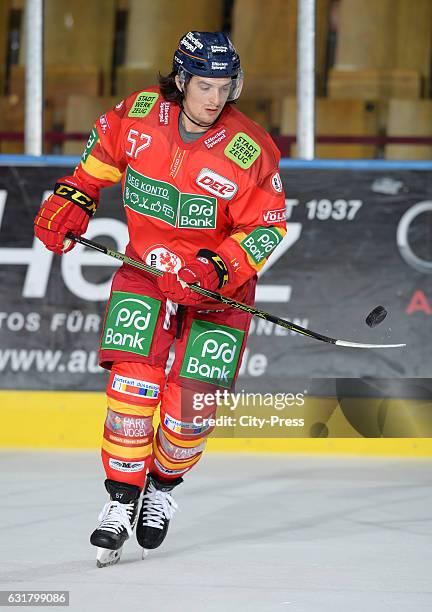 Daniel Weiss of the Duesseldorfer EG juggles with the puck during the action shot on August 14, 2016 in Duesseldorf, Germany.