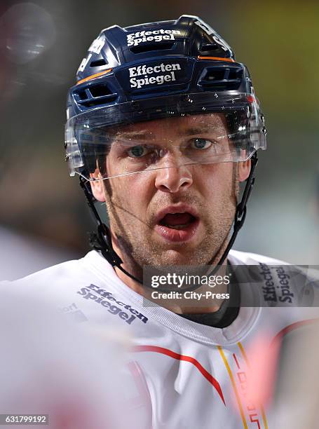 Norm Milley of the Duesseldorfer EG gestures during the action shot on August 14, 2016 in Duesseldorf, Germany.