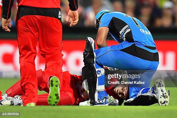 Peter Nevill of the Melbourne Renegades lays on the ground after being struck in the head by the bat of Brad Hodge of the Adelaide Strikers as Jono...