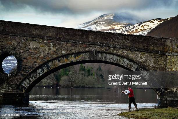 Angelers gather at the River Tay for the opening of the Salmon Fishing season on January 16, 2017 in Kenmore, Scotland. The village of Kenmore has...