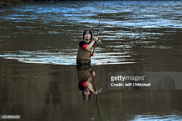 Angelers gather at the River Tay for the opening of the Salmon Fishing season on January 16, 2017 in Kenmore, Scotland. The village of Kenmore has...